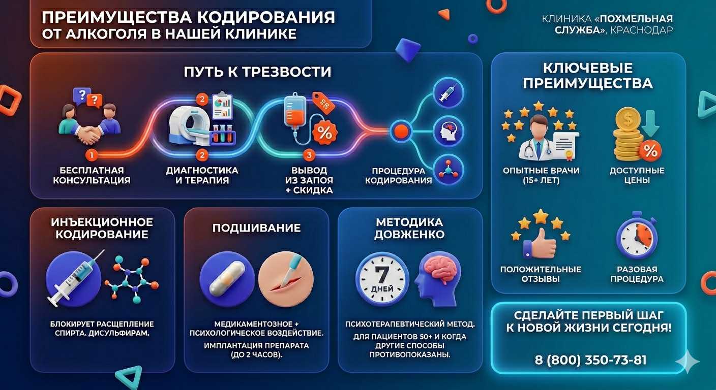 Инфографика о методах кодирования от алкоголя в Няндоме: инъекции, подшивание, метод Довженко. Преимущества клиники и этапы лечения.